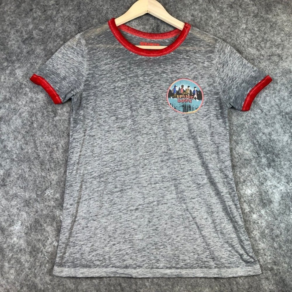 Stranger Things T Shirt L Juniors Womens Burnout Ringer Gray Short Sleeve Crew